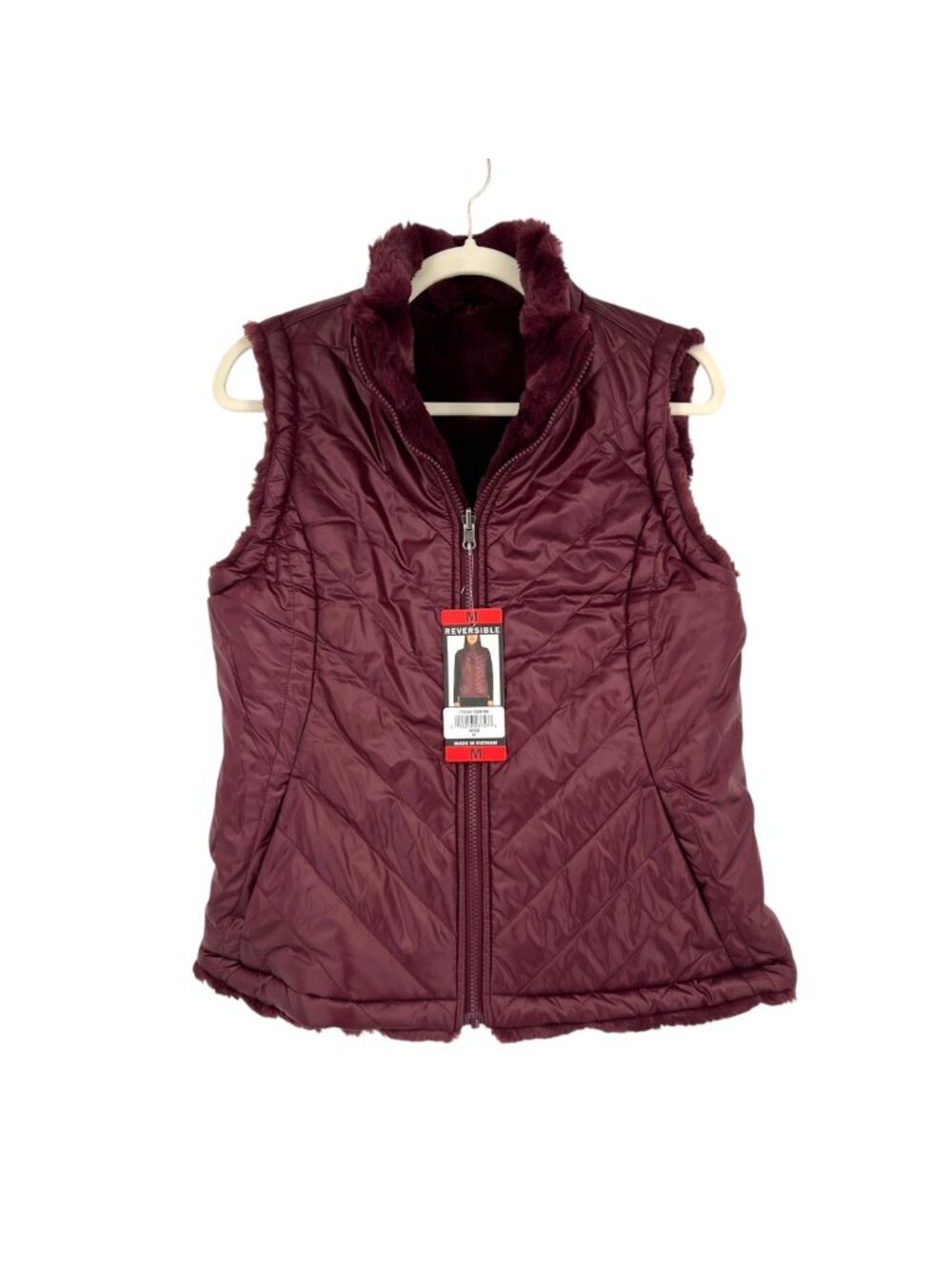 Nicole Miller Reversible Quilted Faux Fur Puffer Vest Wine Burgundy Medium NWT